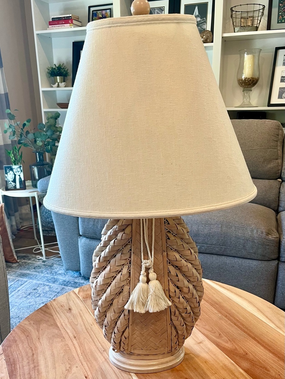 Vintage Handmade Sculptural Rattan Table Lamp with Tassel Accent